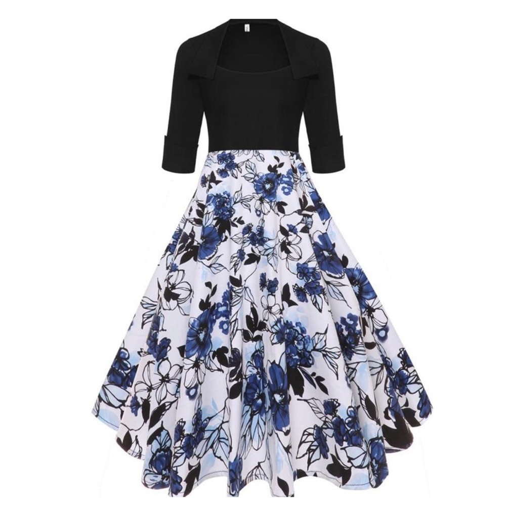 Nature Scene Print Patchwork High Waisted Floral Half Sleeve Swing 1950s Dress